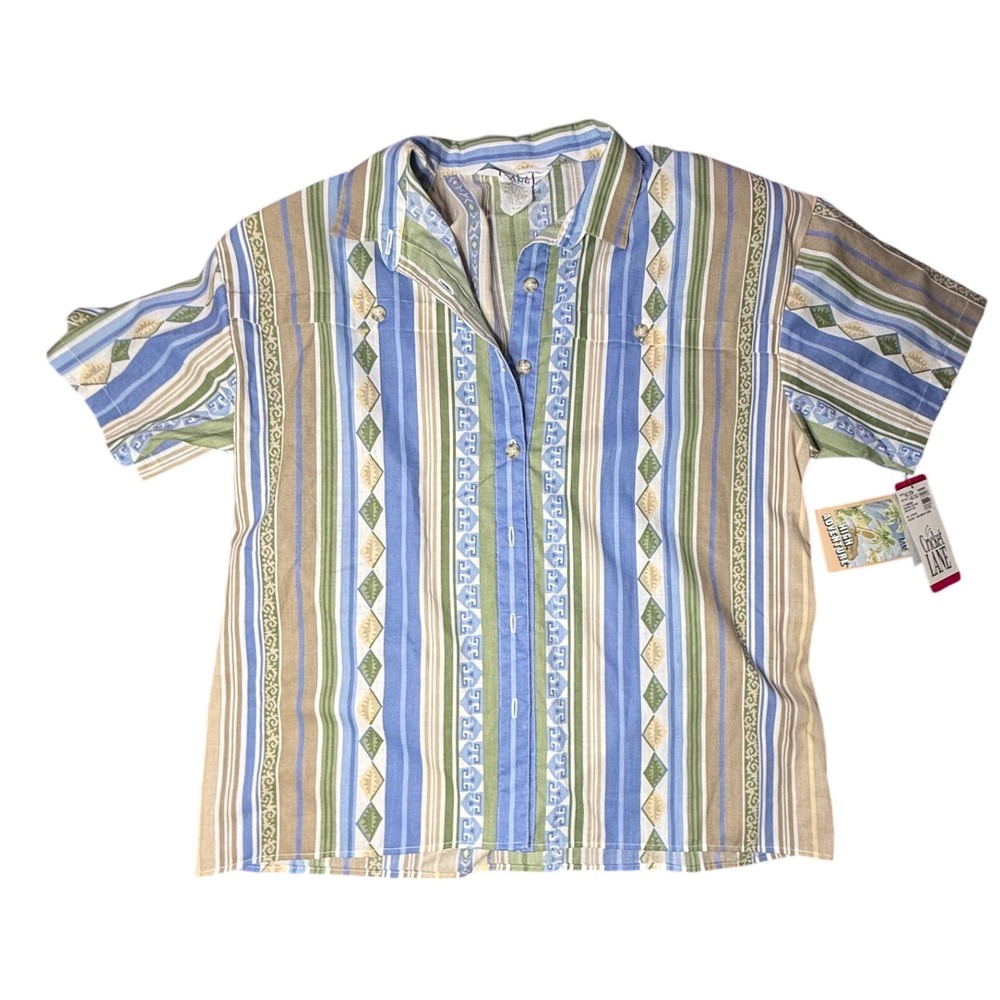 Vintage Cricket Lane Vertical Stripe Button Up Short Sleeve Shirt Boho Aztec